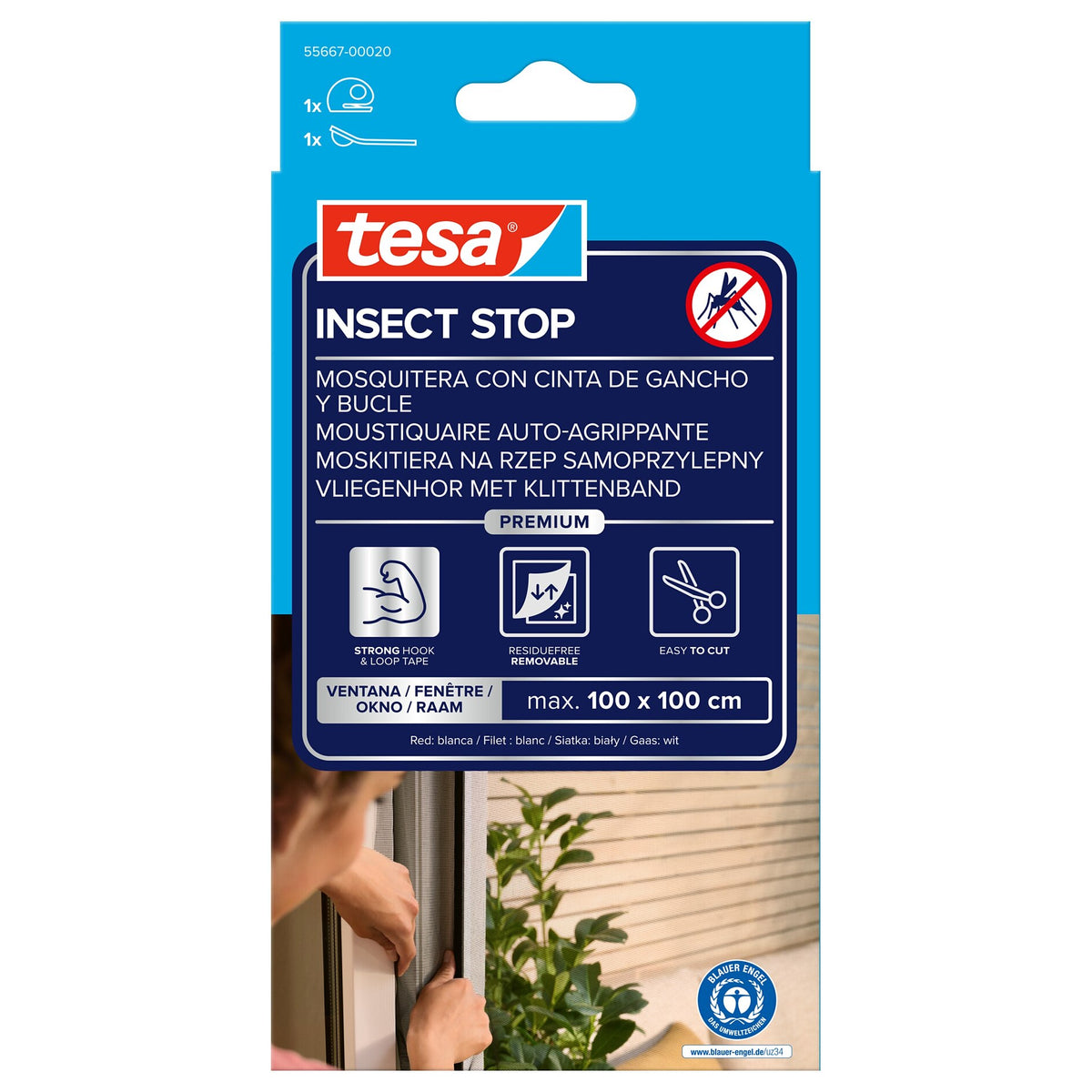 tesa INSECT STOP Klett Fliegengitter Premium für Fenster, weiß 100 x 100 cm