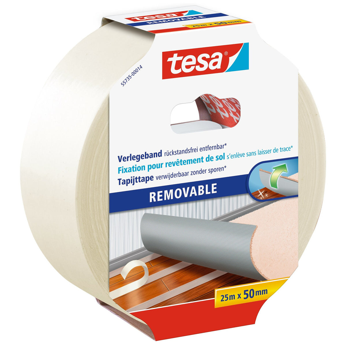 tesa 55735 Verlegeband, rückstandsfrei entfernbar, 25 m x 50 mm, weiß-transluzent