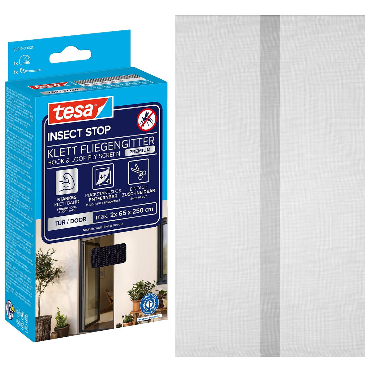 tesa INSECT STOP Klett Fliegengitter Premium für Türen schwarz, 65 x 250 cm