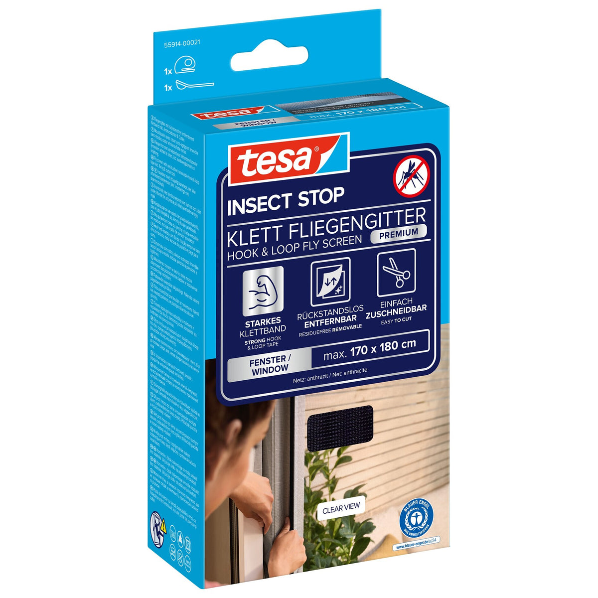 tesa INSECT STOP Klett Fliegengitter Premium für Fenster, anthrazit 170 x 180 cm