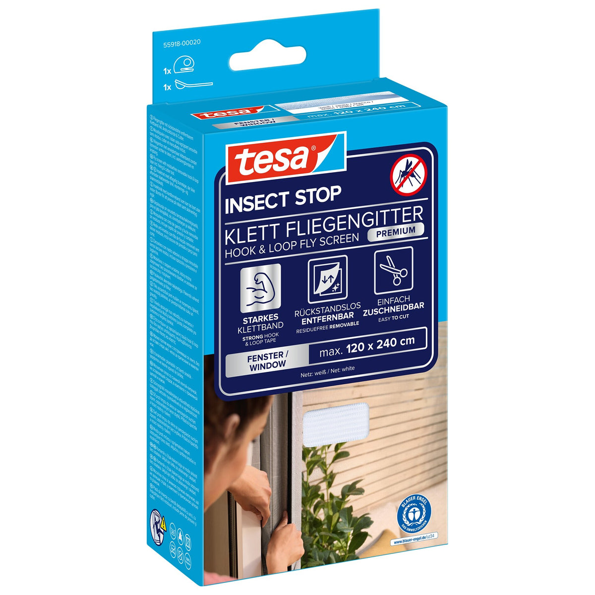 tesa INSECT STOP Klett Fliegengitter Premium für Fenster, weiß 120 x 240 cm