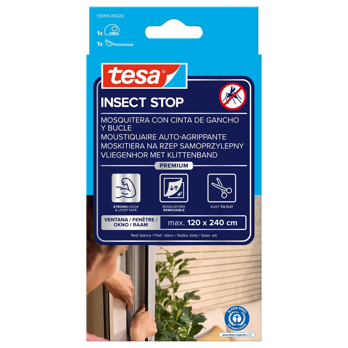 tesa INSECT STOP Klett Fliegengitter Premium für Fenster, weiß 120 x 240 cm