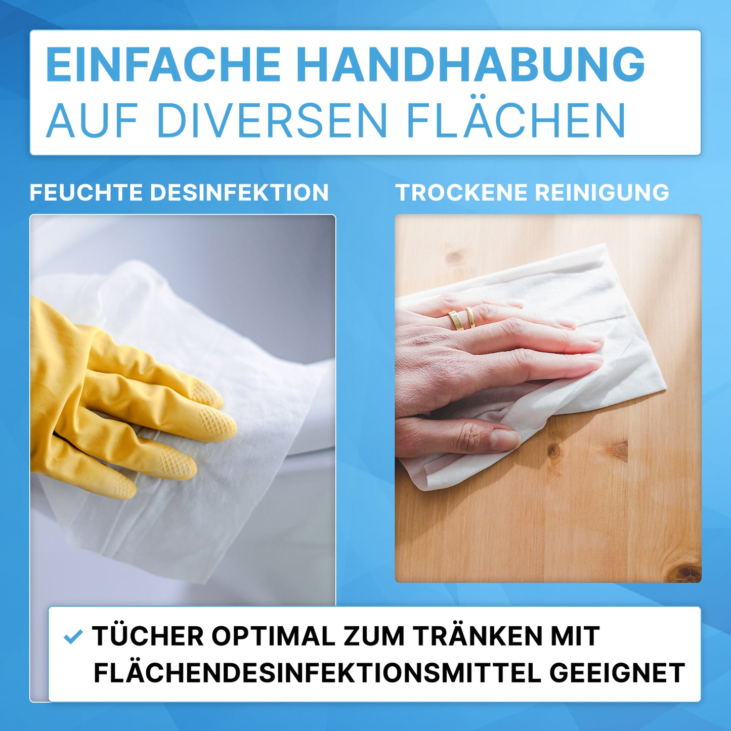 Links: Eine Hand mit gelbem Gummihandschuh nutzt ein feuchtes Tuch aus dem ARNOMED Spendereimer für Vliestuchrollen von ARNOWA GmbH zur Desinfektion; rechts wischt eine bloße Hand mit trockenem Tuch. Text erläutert die Anwendungen.