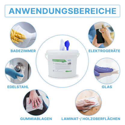 Eine beschriftete Grafik zeigt in der Mitte den ARNOMED Spendereimer für Vliestuchrollen der ARNOWA GmbH, in der Mitte Kreise mit Fotos und deutschen Etiketten für Desinfektion auf Bad, Elektronik, Edelstahl, Glas, Gummimatten und Holz.