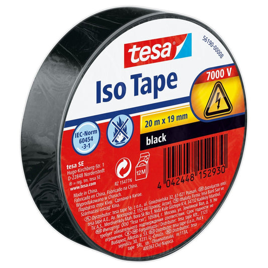 Bandă izolatoare tesa SPVC pentru instalații electrice, neagră, 20 m x 19 mm