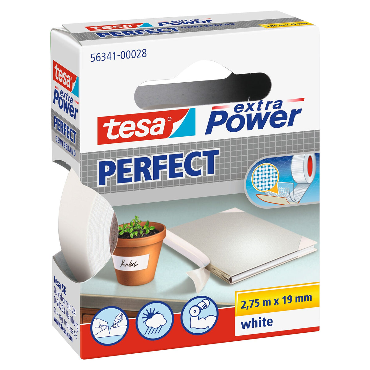 tesa extra Power Perfect Gewebeband, in Hängefaltschachtel, weiß, 2,75 m x 19 mm