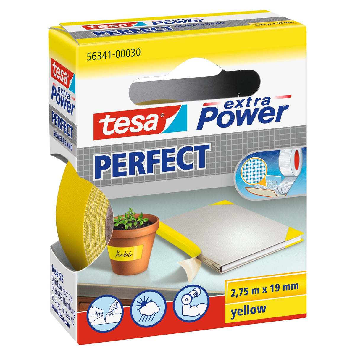 tesa extra Power Perfect Gewebeband gelb, 2,75 m x 19 mm