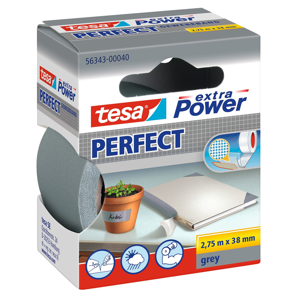 tesa extra Power Perfect Gewebeband grau, 2,75 m x 38 mm