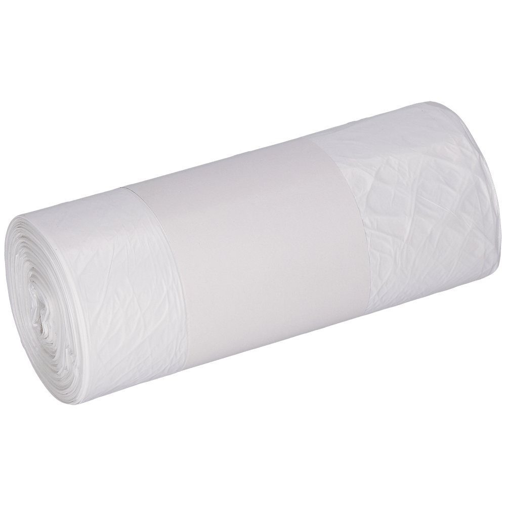 Un rolă EMIL DEISS KG (GmbH + Co.) DEISS 56939 saci de gunoi (630x850 mm, alb, 40 bucăți) cu o etichetă albă simplă înfășurată în jurul mijlocului, pe un fundal deschis.