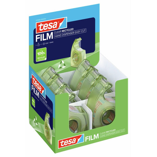 Dispenser manual tesa HAND DISPENSER EASY CUT RECYCLED, verde, cu bandă tesafilm Clear Recycled 33 m x 19 mm, cu etichetă EAN