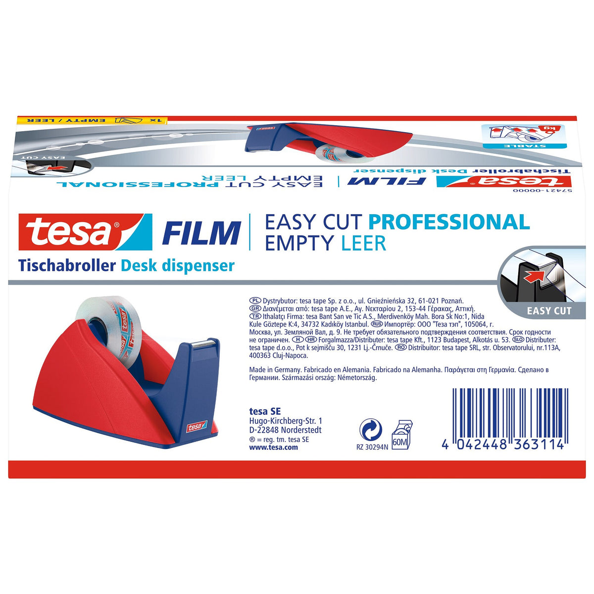 tesa 57421 Easy Cut Tischabroller, leer, für Rollen bis 33m x 19mm, rot-blau