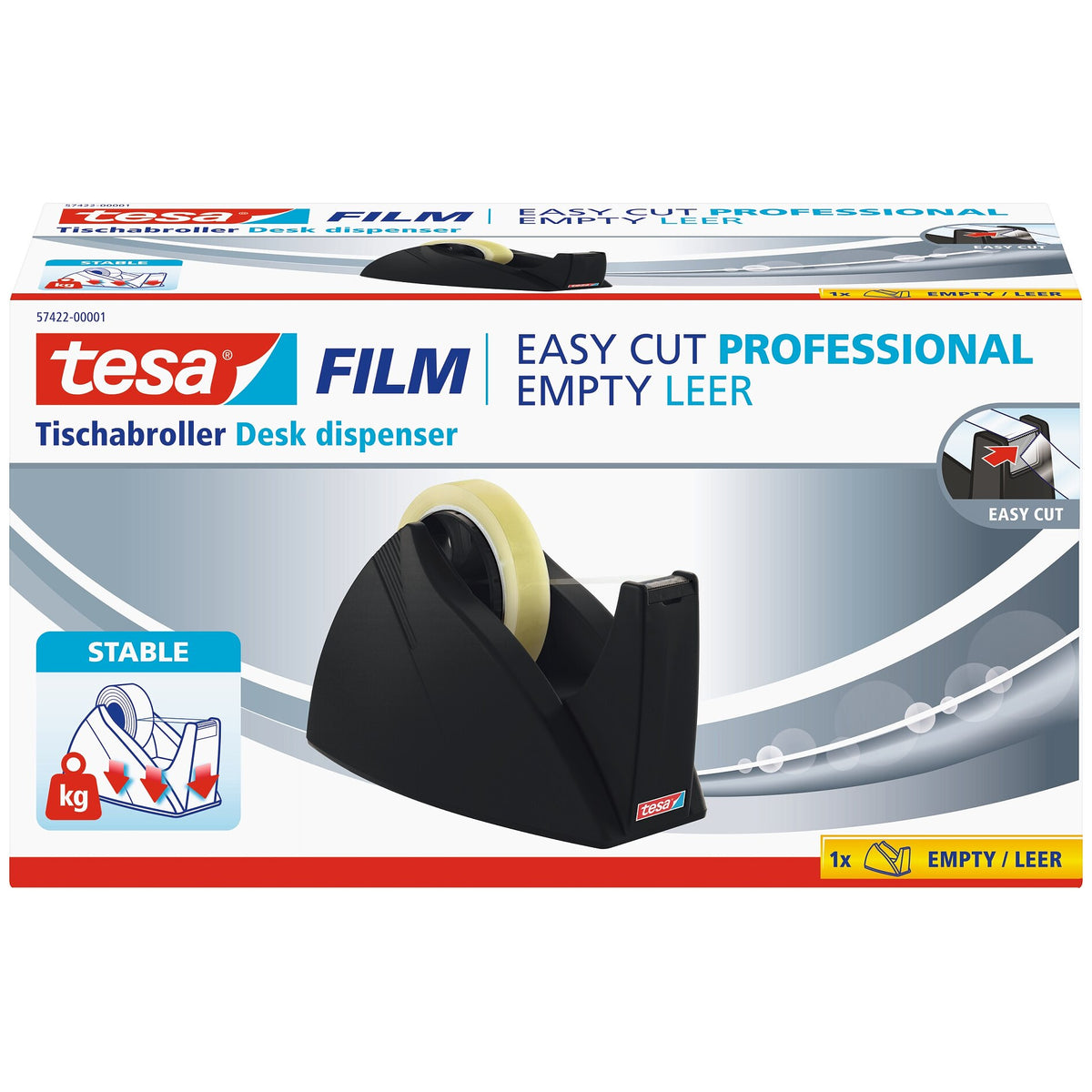 tesa 57422 Easy Cut Tischabroller, leer, für Rollen bis 66m x 25mm, schwart