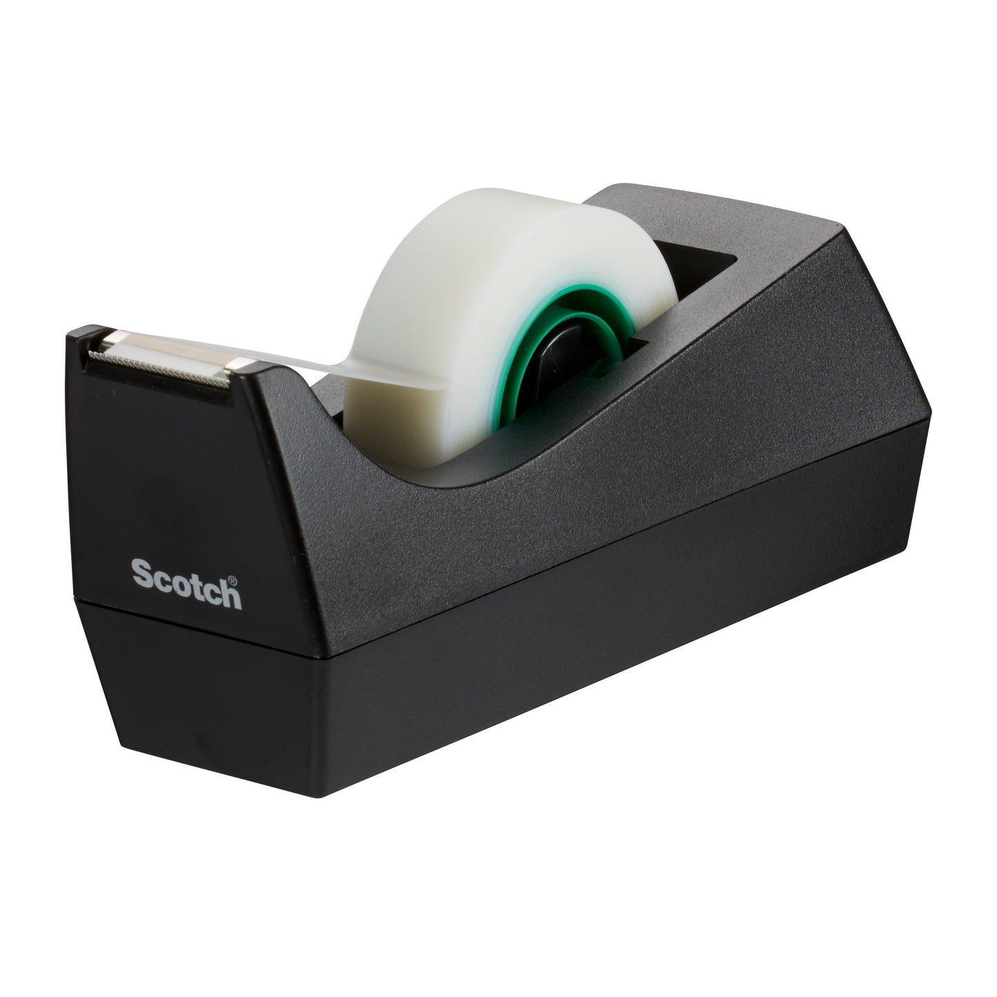 Suportul de birou negru Scotch® C38 de la 3M Deutschland GmbH conține 3 role de bandă adezivă Scotch® Magic™ (19 mm x 33 m), fabricat cu 66% adeziv pe bază de plante - practic datorită marginii metalice de tăiere.