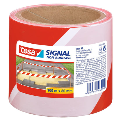 tesa 58137PE Signal Non Adhesive Absperrband, 100 m x 80 mm, rot-weiß