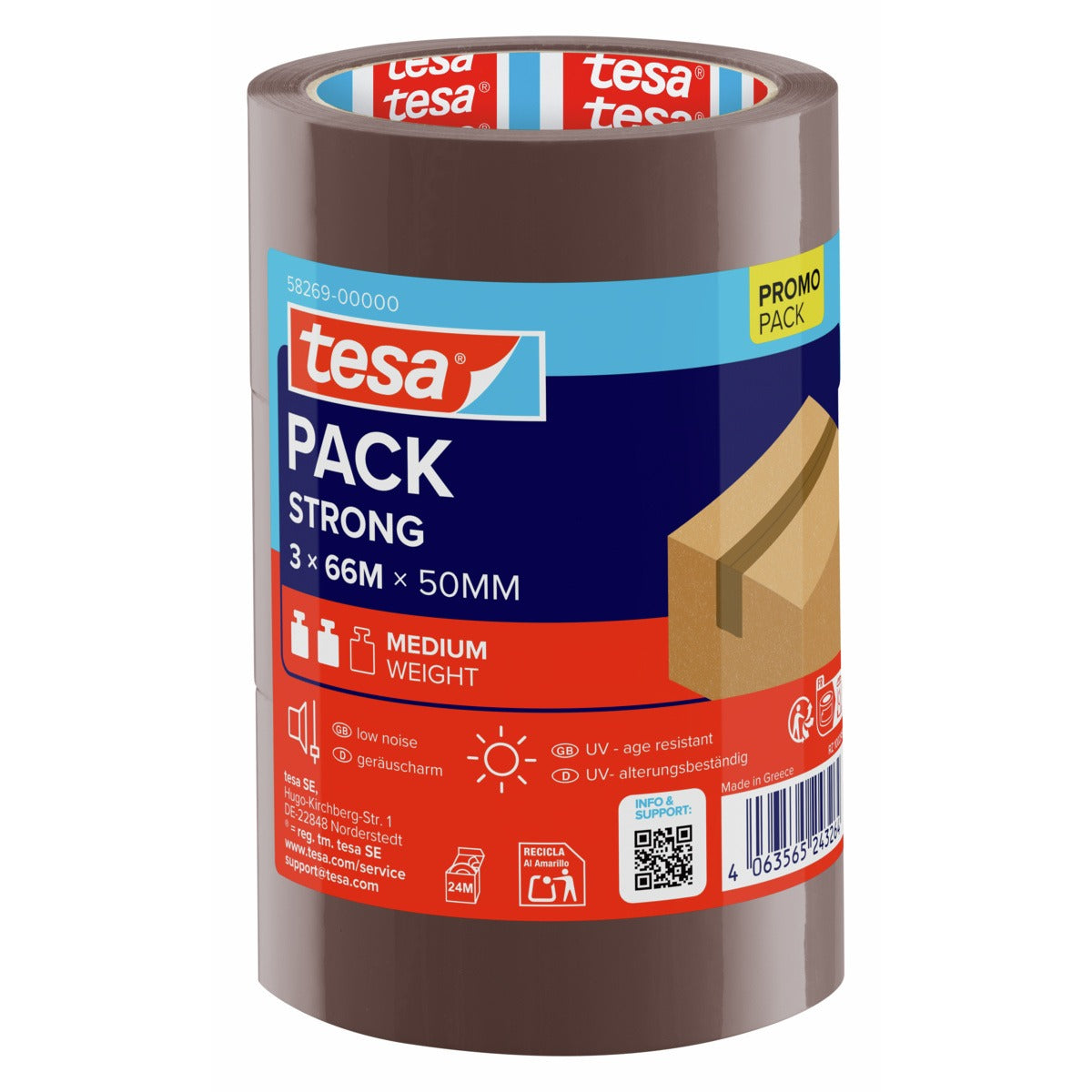 tesapack Strong Kartonverschlussband, braun, 66 m x 50 mm, 3 Rollen