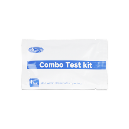 Un pachet alb sigilat cu inscripția "Combo 9in1 - DVOT Professional" de la Altruan recunoaște SARS-CoV-2, Influenza A+B, RSV, Adenovirus, hMPV, PIV 1/3 & 2, Mycoplasma; utilizați în termen de 30 de minute de la deschidere.