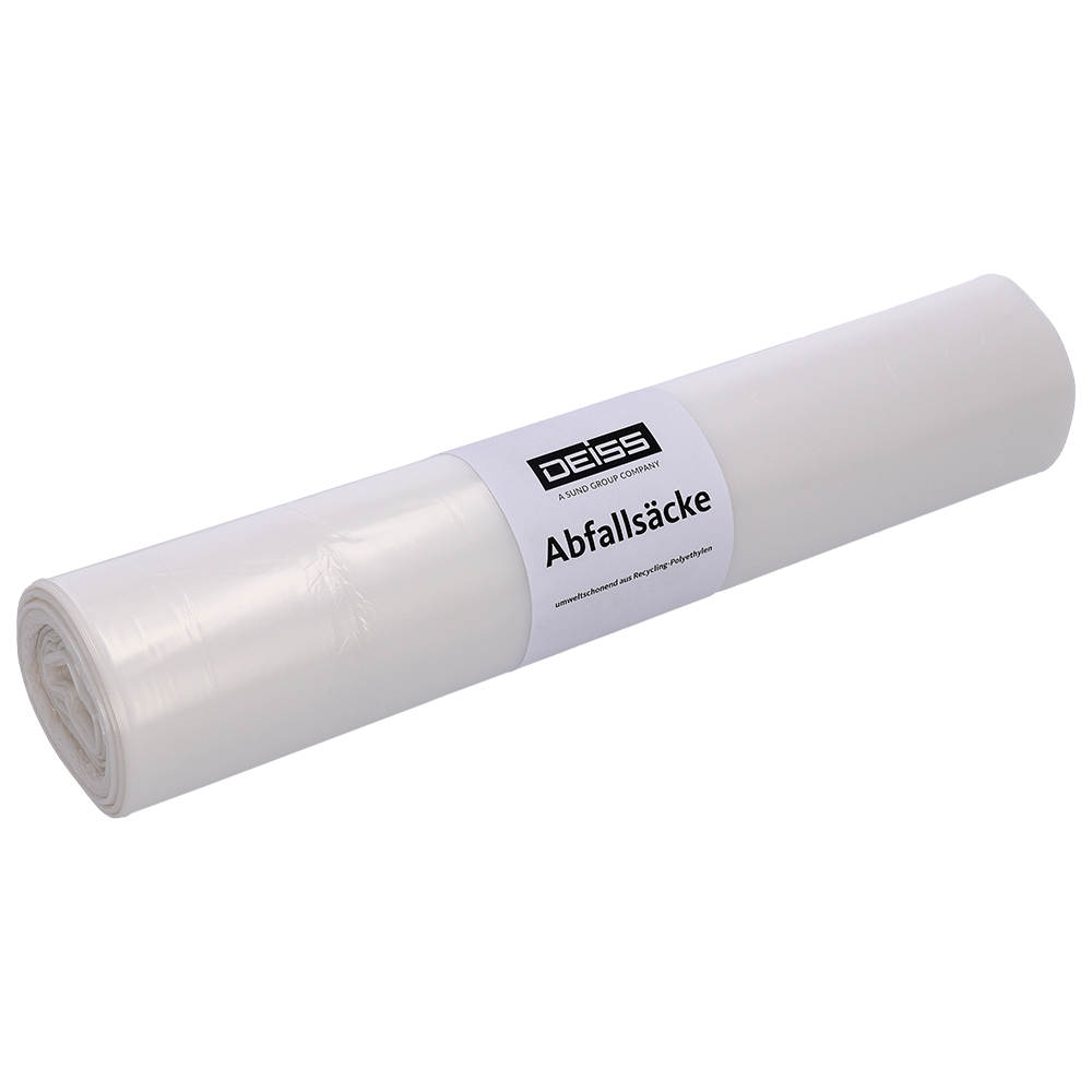 Un sul alb al EMIL DEISS KG (GmbH + Co.) DEISS 59024 - sac de gunoi transparent 620x720 mm, pachet de 50 bucăți, se află pe un fundal deschis. Eticheta arată numele mărcii și descrierea produsului în germană.