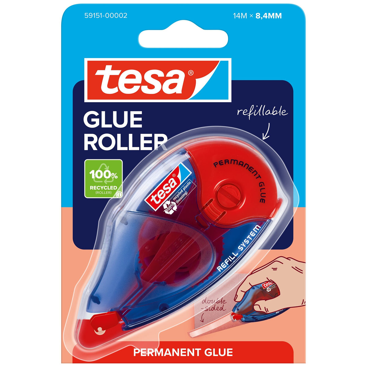 tesa GLUE ROLLER Permanent, transparent, Nachfüllung, ecoLogo, 14 m x 8,4 mm