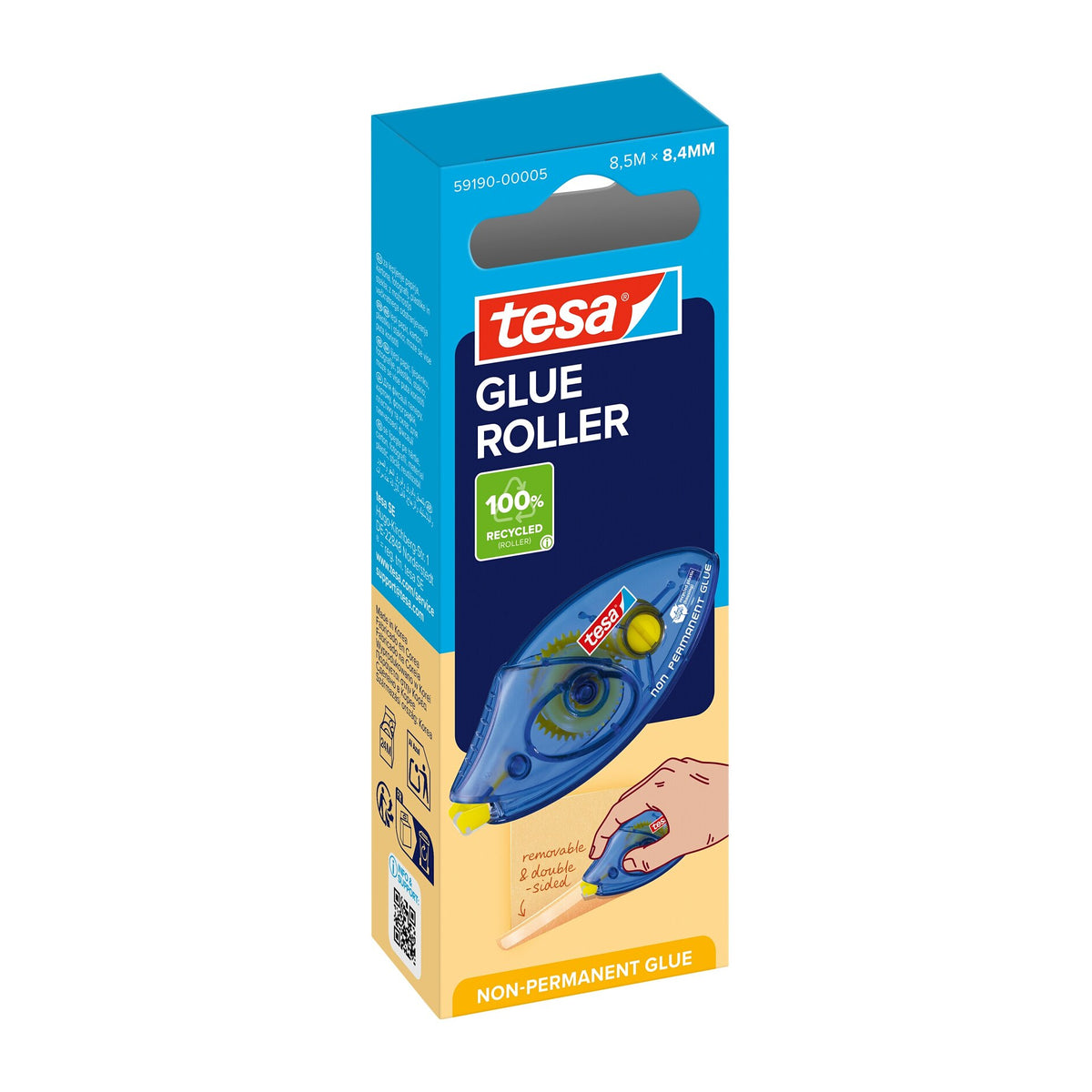 tesa GLUE ROLLER Non-Permanent Disposable, 8,5 m x 8,4 mm, transparent in Hängefaltschachtel
