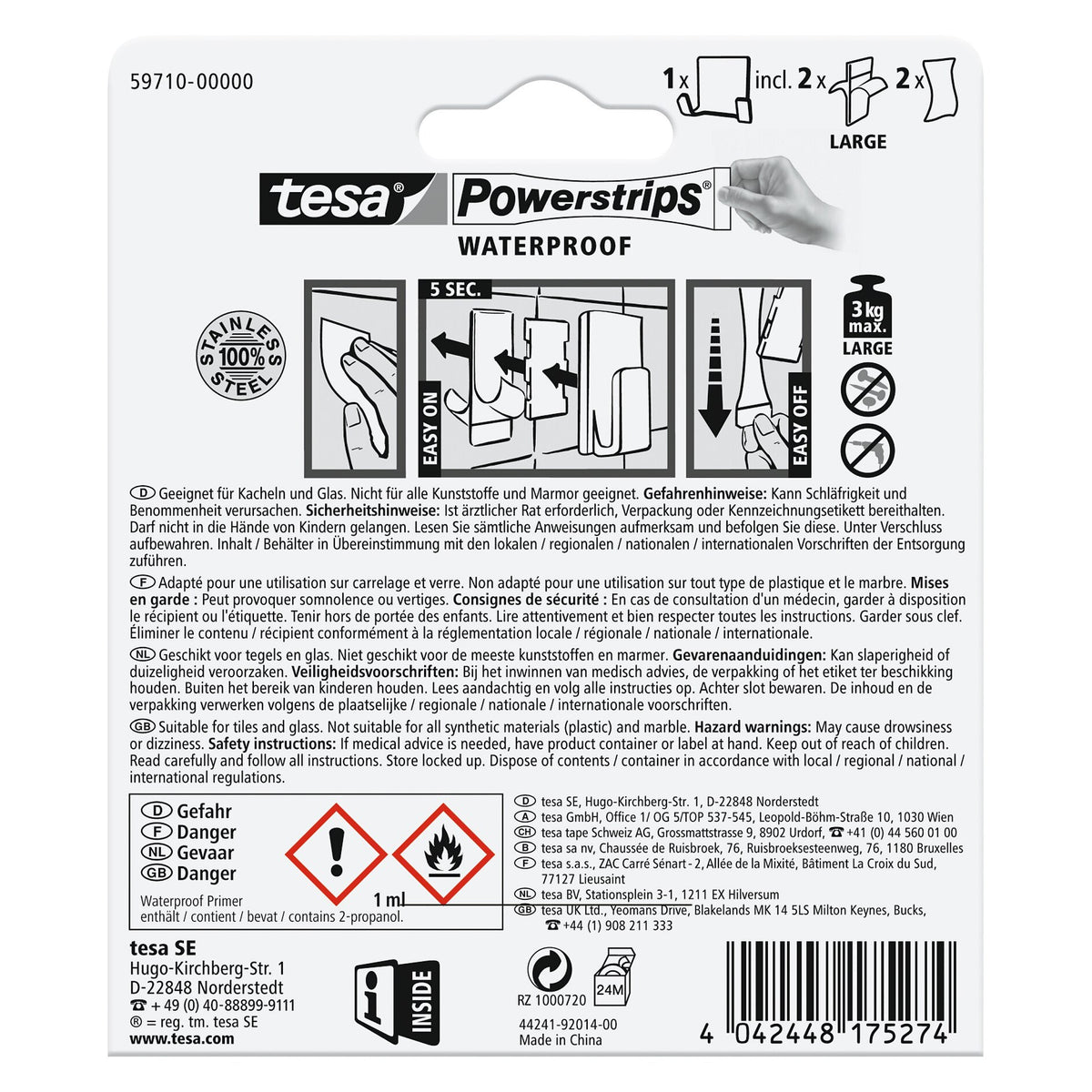tesa Powerstrips Waterproof Duohaken Zoom, Metall, weiß