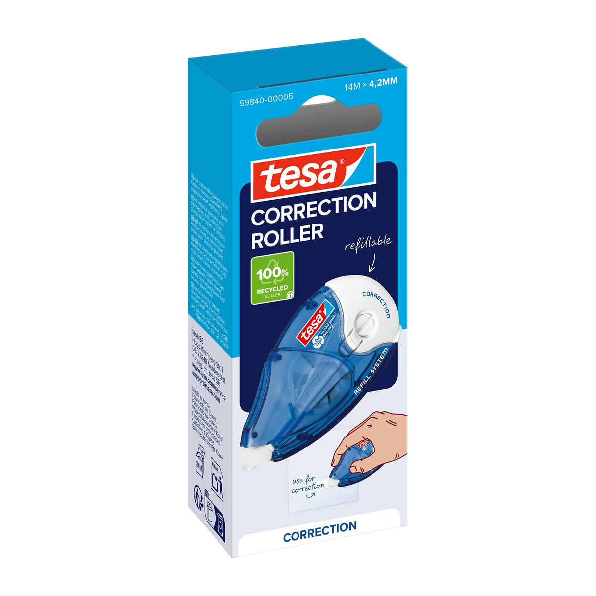 tesa CORRECTION ROLLER, weiß, nachfüllbar, 14 m x 4,2 mm