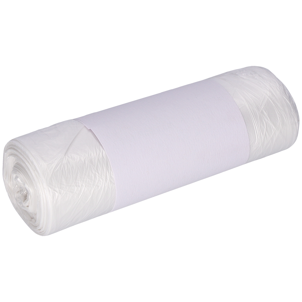 Un sul de saci de gunoi DEISS 490x600 mm din HDPE 30 l de la EMIL DEISS KG (GmbH + Co.) este înfășurat cu o banderolă de hârtie albă simplă și ambalat strâns, ilustrat pe un fundal luminos.