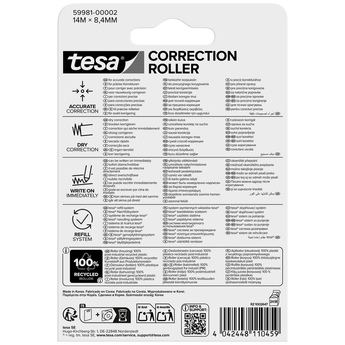tesa CORRECTION ROLLER, weiß, Nachfüllung, ecoLogo, 14 m x 8,4 mm
