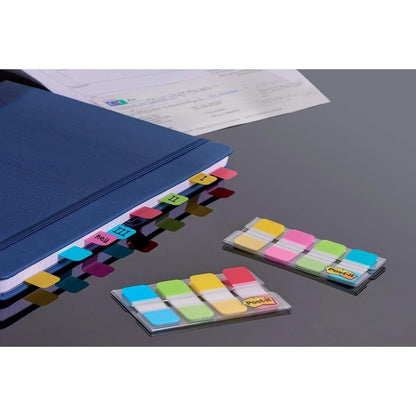 Un dosar albastru folosește 3M Post-it® Index Strong Ablagetabs (Mini, galben, roșu, albastru, verde) pentru a marca secțiunile I-IV. Două pachete de benzi adezive sortate în distribuitoarele lor se află pe o suprafață întunecată lângă "Organizarea documentelor".