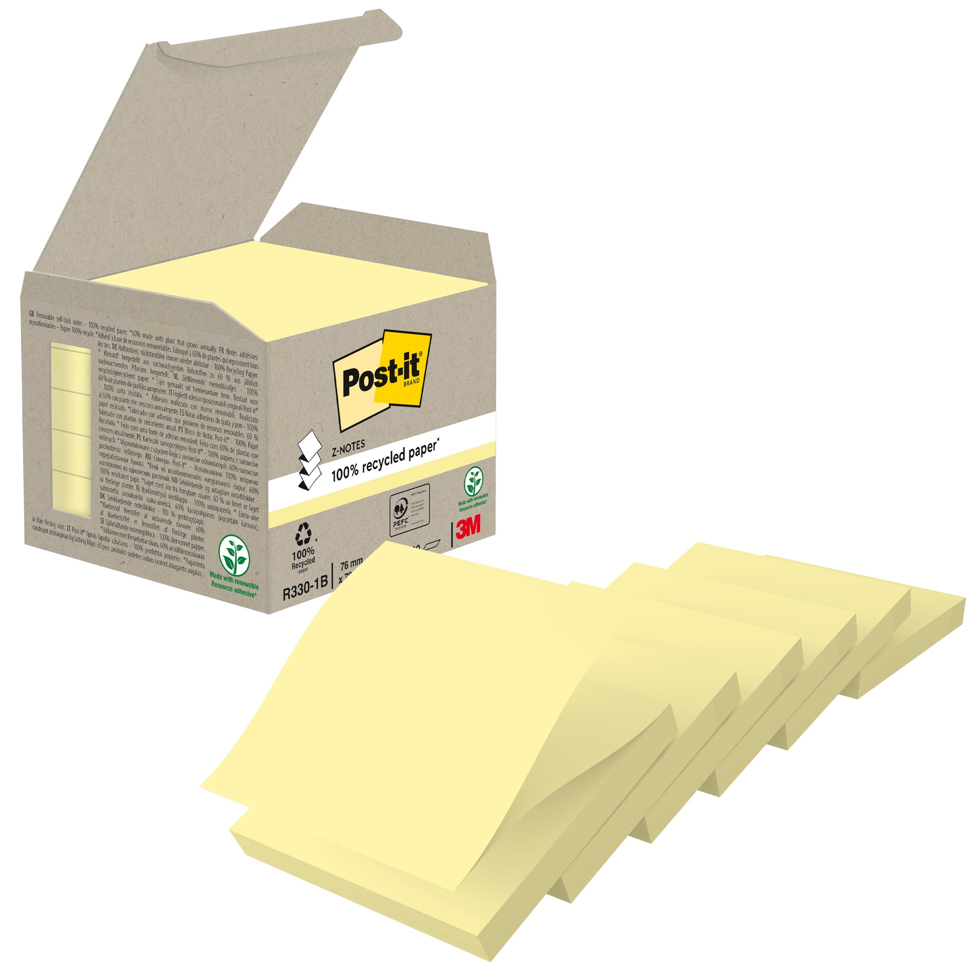 Eine Schachtel Post-it® Recycling Z-Notes der 3M Deutschland GmbH ist geöffnet und zeigt mehrere gelbe 76 x 76 mm große Haftnotizblöcke. Die Verpackung zeigt PEFC- und Recycling-Symbole und enthält 6 Blöcke aus 100% PEFC-zertifiziertem Papier.