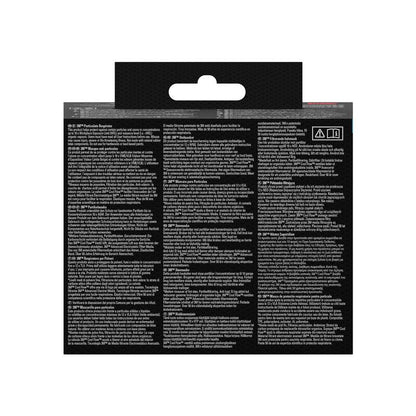 Imaginea arată partea din spate a unei măști de particule 3M™ Aura™ Comfort Cool Flow™ 9332+ (FFP3, cu supapă) de la 3M Deutschland GmbH. Ambalajul negru conține trei coloane cu text alb multilingv și o agățătoare în partea de sus.