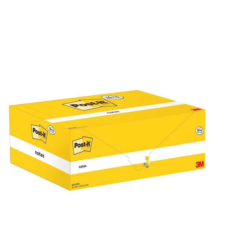 O cutie galbenă, dreptunghiulară, de la 3M Deutschland GmbH Post-it® Notes, 76x127mm, 100 foi per bloc, cu 16 blocuri plus 4 gratis per pachet, certificat PEFC. Cutia închisă cu inscripție este ilustrată pe un fundal alb.