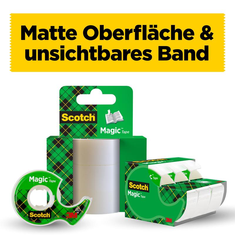 Un display al benzii adezive invizibile Scotch® Magic™ de la 3M Deutschland GmbH (2 role, 19mm x 12m + 3,2m GRATIS & 1 dispenser manual), cu textul german "Suprafață mată & bandă invizibilă" pe fundal galben.