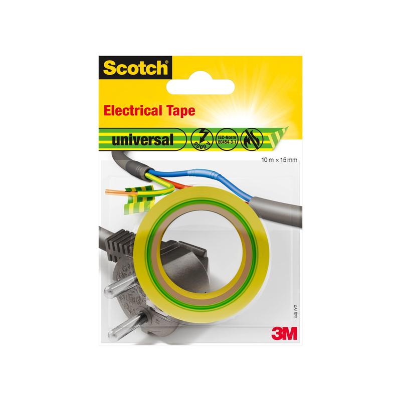 Un ambalaj de bandă izolatoare universală Scotch® (10 m x 15 mm) de la 3M Deutschland GmbH, care arată o rolă de bandă adezivă galben-verde cu imagini de fire electrice și un conector pe ambalaj.