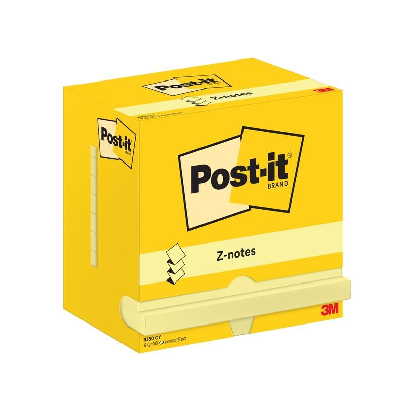 O cutie galbenă de Post-it® Super Sticky Z-Notes de la 3M Deutschland GmbH, 76 x 127 mm, 100 foi, ambalaj din carton, cu notițe galben deschis parțial scoase și logo-ul mărcii pe partea frontală.