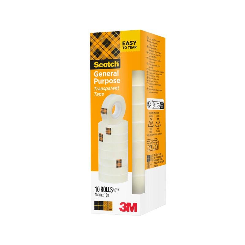 O cutie de bandă adezivă transparentă Scotch® 508 de la 3M Deutschland GmbH conține 10 role (15 mm x 10 m) într-un ambalaj alb-portocaliu cu imagini verticale ale benzii adezive stivuite și detalii despre produs.