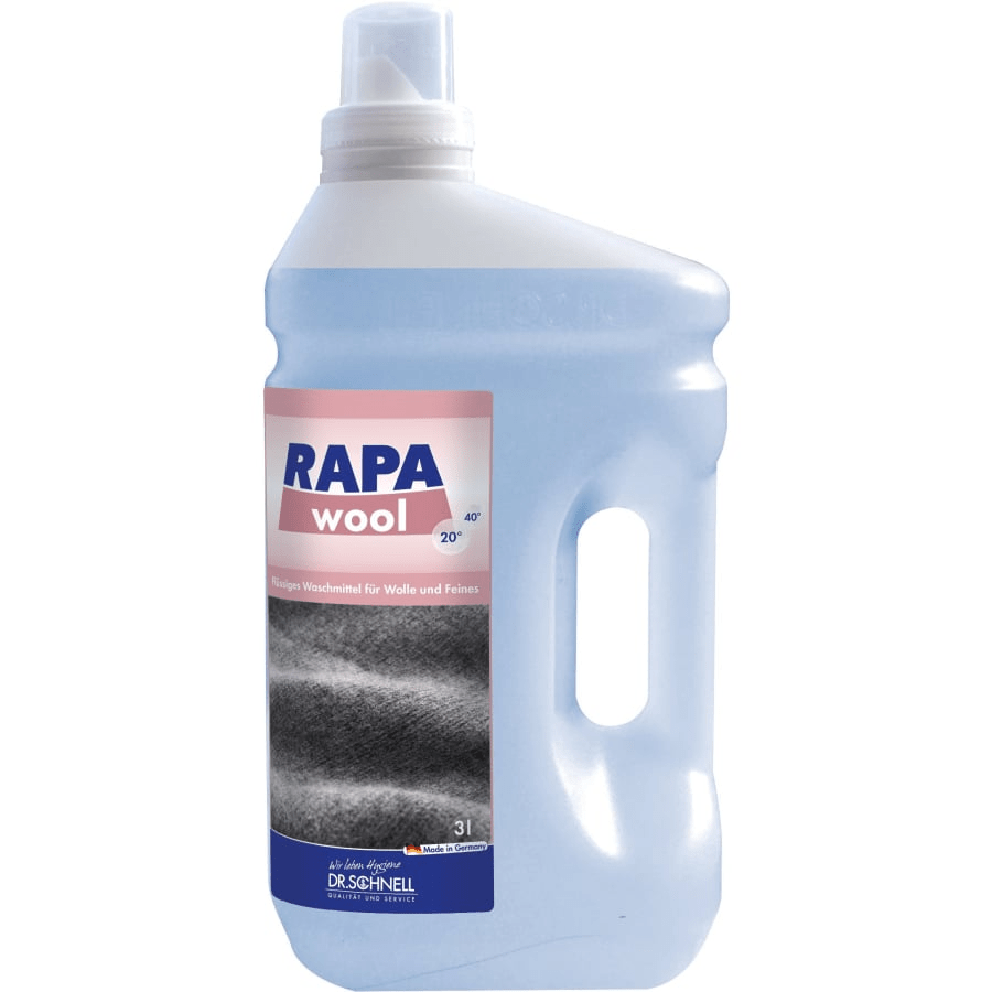O sticlă mare de plastic de 3L Dr. Schnell RAPA WOOL detergent de igienizare a rufelor de la DR.SCHNELL GmbH & Co. KGaA cu mâner și gura de scurgere, cu text în germană pentru curățarea textilelor și fibrelor delicate, cum ar fi lâna sau mătasea.