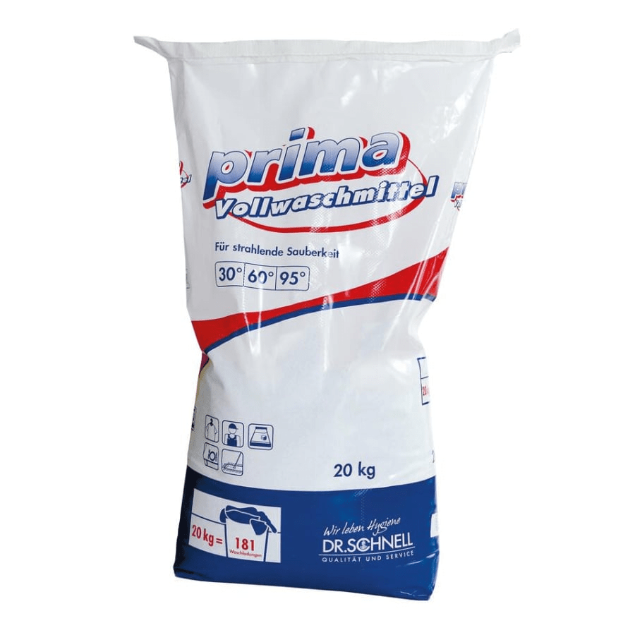 Eine 20 kg Packung Dr. Schnell PRIMA Vollwaschmittel Textilhygiene Pulver der DR.SCHNELL GmbH & Co. KGaA, für Wäschehygiene, in rot-blau-weißer Verpackung mit 30°, 60°, 95° Symbolen und deutschen Angaben.