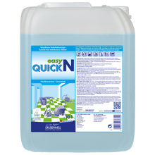 Ein 10-Liter-Gebinde Dr. Schnell EASY QUICK der DR.SCHNELL GmbH & Co. KGaA zeigt auf seinem Etikett Hinweise, Anwendungssymbole und Bilder von sauberen Oberflächen und eignet sich damit als vielseitiger Reiniger für den professionellen Einsatz.