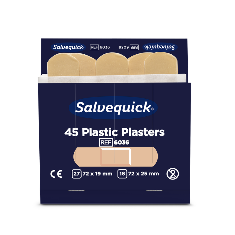 O cutie de Orkla Wound Care AB plasturi din plastic, 45 bucăți/reumplere (6 pachete), cu patru plasturi bej. Pachetul oferă două dimensiuni flexibile pentru îngrijirea rănilor: 27 x 72 × 19 mm și 18 x 72 × 25 mm.