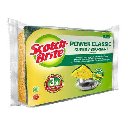 Un pachet de bureți de curățare Scotch-Brite® Classic de la 3M Deutschland GmbH arată doi bureți galben-verzi cu inscripția "3x puterea de curățare" pe ambalaj și imaginea unui vas de metal care urmează să fie curățat.