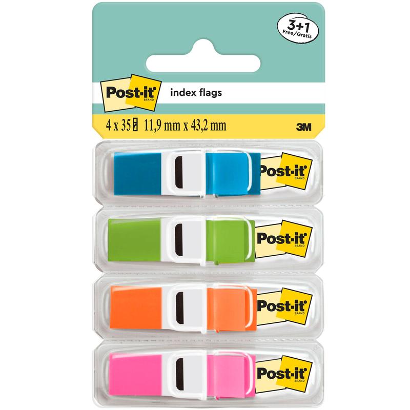 Un pachet de benzi adezive 3M Post-it® Index, Mini, în 4 culori transparente (albastru, verde, portocaliu, roz), fiecare într-un dispenser transparent cu logo-ul Post-it®. Pe eticheta de sus sunt enumerate 35 de stegulețe/dispensere, dimensiune: 11,9 x 43,2 mm; 3+1 gratuit per pachet.