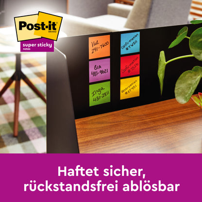 Prim-plan cu 3M Deutschland GmbH Post-it® Super Sticky Notes 654-6SS-PPNK, roz, 76x76 mm, cu notițe scrise de mână pe marginea unui monitor. Sunt prezentate șase blocuri certificate PEFC (fiecare cu 90 de foi). Text german: "Aderență sigură, detașabil fără reziduuri."