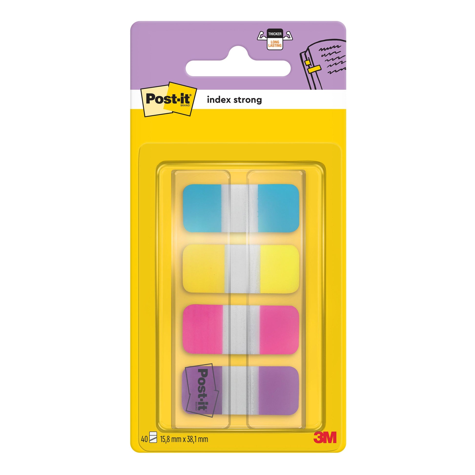 Eine Packung 3M Post-it® Index Strong Ablagetabs, Mini (15,8 mm x 38,1 mm), enthält 40 farbige Ablagetabs (blau, violett, rosa, gelb) in einem Spender für eine effiziente Dokumentenorganisation. Von 3M Deutschland GmbH.
