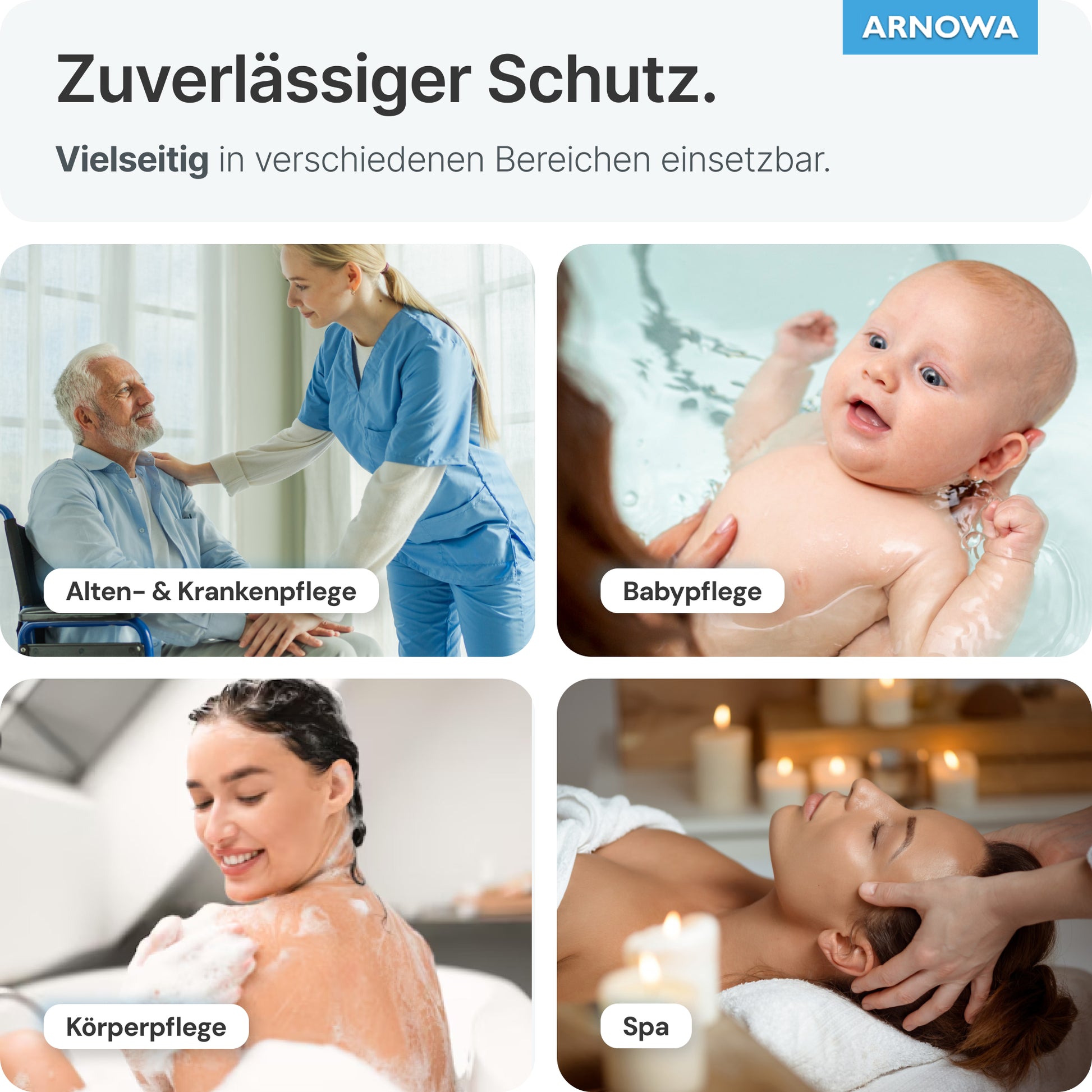 Eine Collage zeigt ARNOMED Einmalwaschhandschuhe aus Molton von ARNOWA GmbH in der Altenpflege, beim Babybaden, beim Eincremen und bei der Wellness-Massage. Dermatest-geprüft für zuverlässigen Schutz in vielen Pflegebereichen. Beutel: 50 Stück, 75g/m².