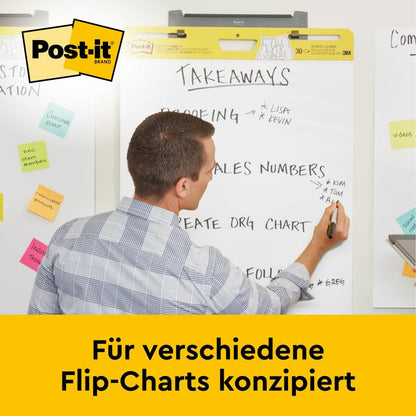 Un bărbat în cămașă în carouri scrie pe un Post-it® Super Sticky autoadeziv Meeting Chart/Flipchart pentru montare pe perete (58,4 x 50,8 cm, 20 de foi, 2 blocuri) de la 3M Deutschland GmbH, înconjurat de notițe adezive și carduri.