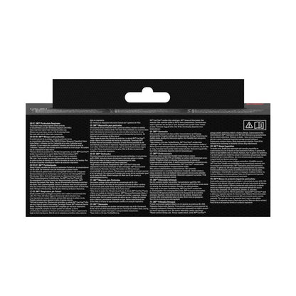 Partea din spate a măștii de particule 3M™ Aura™ Comfort Cool Flow™ 9332+ FFP3 de la 3M Deutschland GmbH dispune de coloane de text multilingv, o agățătoare în partea superioară și două simboluri pe partea dreaptă, cu text alb predominant pe fundal negru.