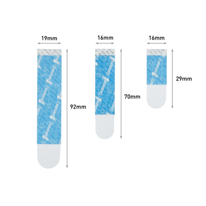 Trei Multipack Command™ Strips transparente de la 3M Deutschland GmbH (19x92mm, 16x70mm, 16x29mm) sunt ilustrate cu dimensiuni etichetate și săgeți pentru a evidenția lățimea și înălțimea - perfecte pentru montarea pe perete fără reziduuri.