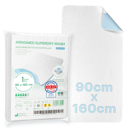 Die ARNOMED SUPERDRY WASH Bettschutzunterlage (ARNOWA GmbH), 90x160 cm, mit Superdry-Technologie und blauem Rücken ist verpackt und entfaltet abgebildet. Die Verpackung zeigt Details zu Inkontinenz sowie Icons für Saugfähigkeit und Größe.