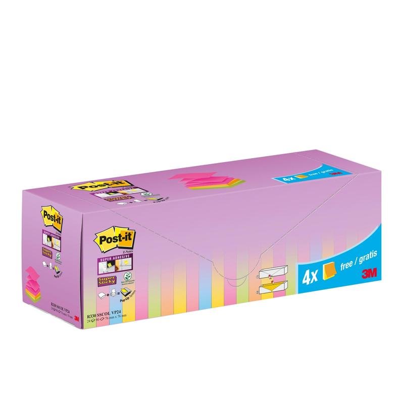 O cutie dreptunghiulară de Post-it® Super Sticky Z-Notes (76 x 76 mm) în diverse culori, 20 de blocuri + 4 gratuite (promoție), 90 de foi/bloc, de la 3M Deutschland GmbH. Cu etichete lila, galbene și albastre în culori pastel și ambalaj de carton PEFC.