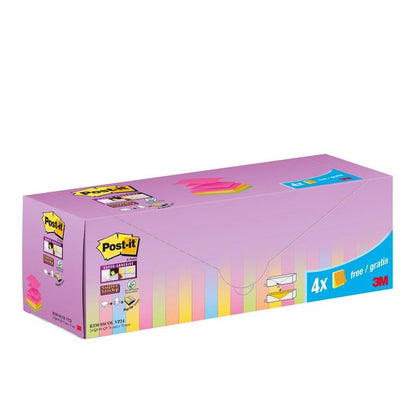 O cutie dreptunghiulară de Post-it® Super Sticky Z-Notes (76 x 76 mm) în diverse culori, 20 de blocuri + 4 gratuite (promoție), 90 de foi/bloc, de la 3M Deutschland GmbH. Cu etichete lila, galbene și albastre în culori pastel și ambalaj de carton PEFC.